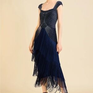Elegant Asymmetrical Fringe Dress in Navy
